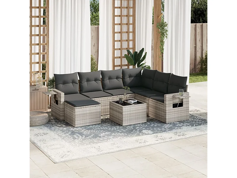 8-delige Loungeset met kussens poly rattan lichtgrijs