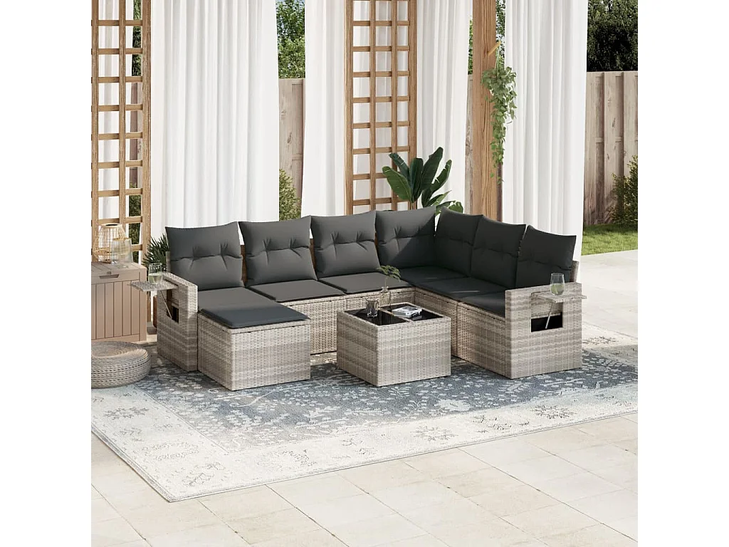 Salon de jardin 8 pièces avec coussins gris clair résine tressée
