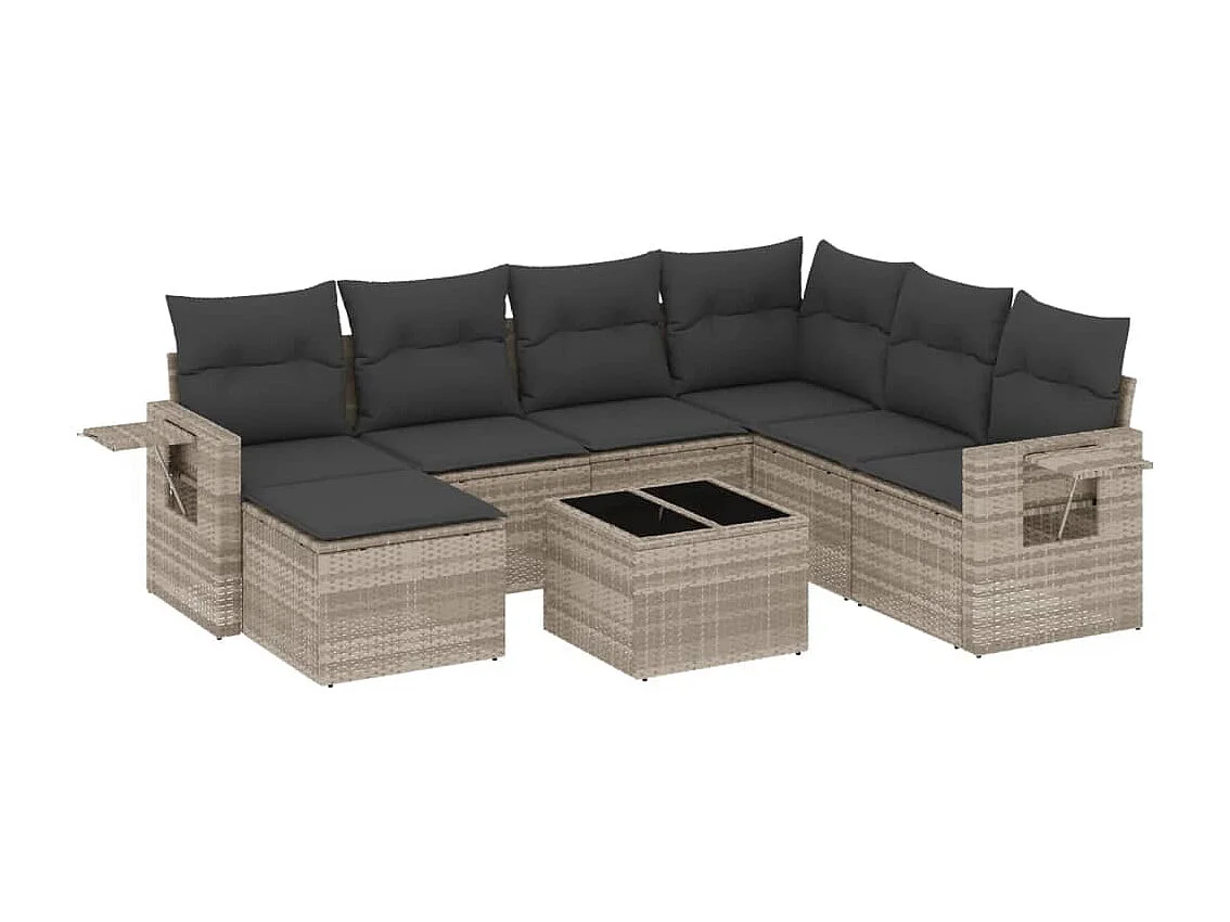 Salon de jardin 8 pièces avec coussins gris clair résine tressée