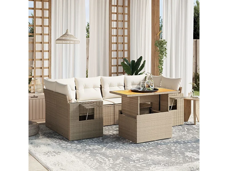 Salon de jardin avec coussins 7 pièces beige résine tressée