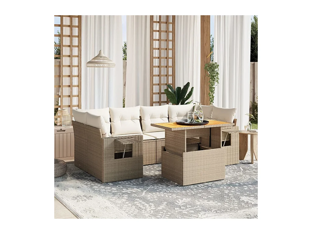 Salon de jardin avec coussins 7 pièces beige résine tressée