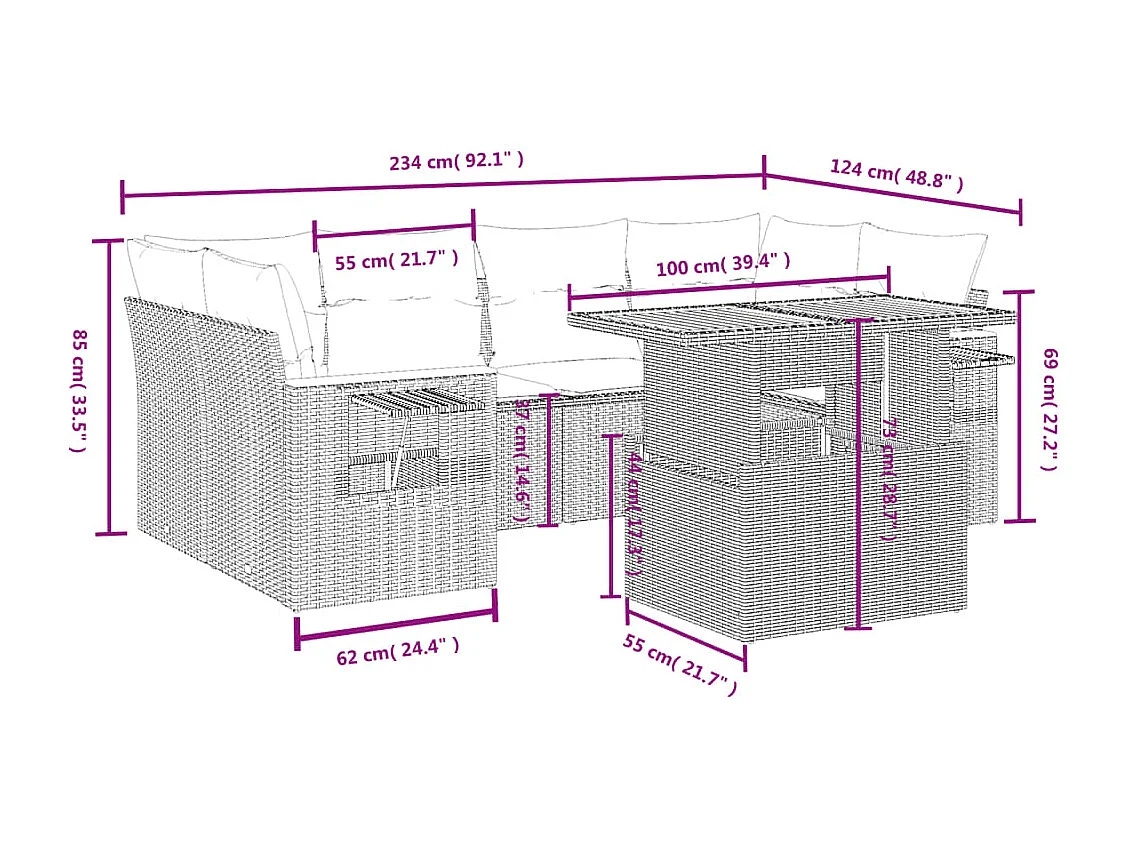 Salon de jardin avec coussins 7 pièces beige résine tressée