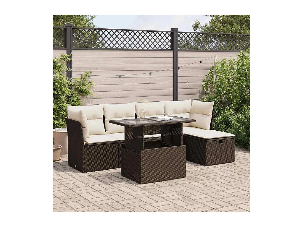 6 peças conjunto de sofás jardim com almofadões vime PE castanho