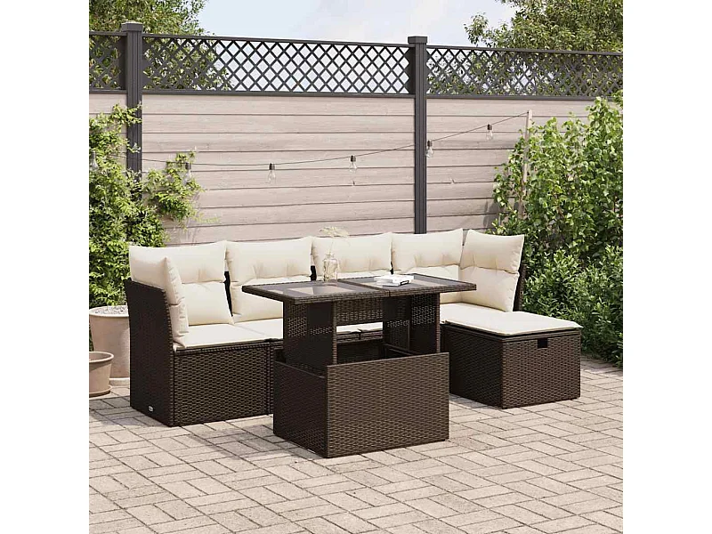 Set sofás de jardín 6 piezas y cojines ratán sintético marrón