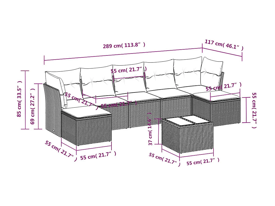 8-delige Loungeset met kussens poly rattan bruin