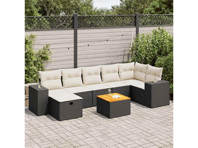 8 peças conjunto sofás de jardim com almofadões vime PE preto