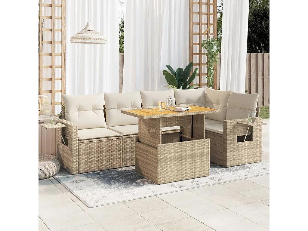 Salon de jardin avec coussins 6 pièces beige résine tressée