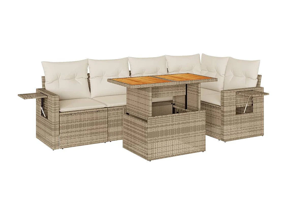 6-delige Loungeset met kussens poly rattan beige