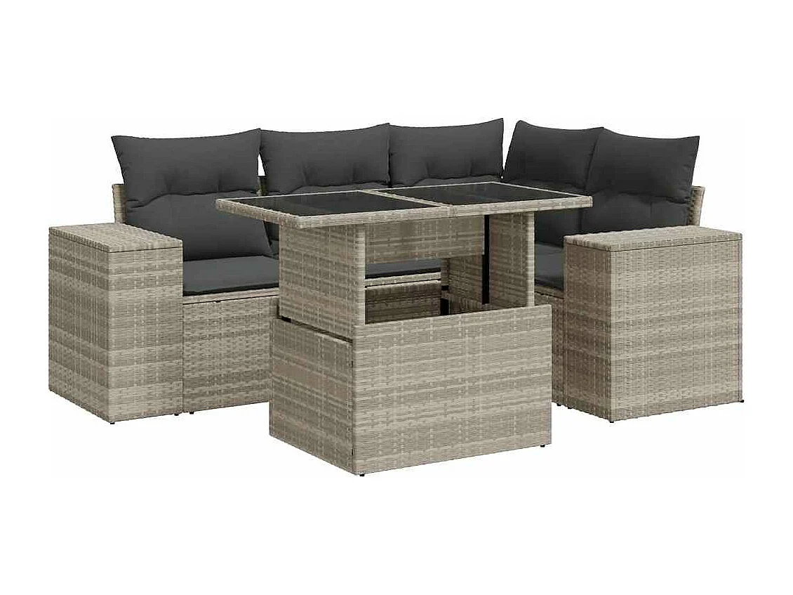 Salon de jardin 5 pièces avec coussins gris clair résine tressée