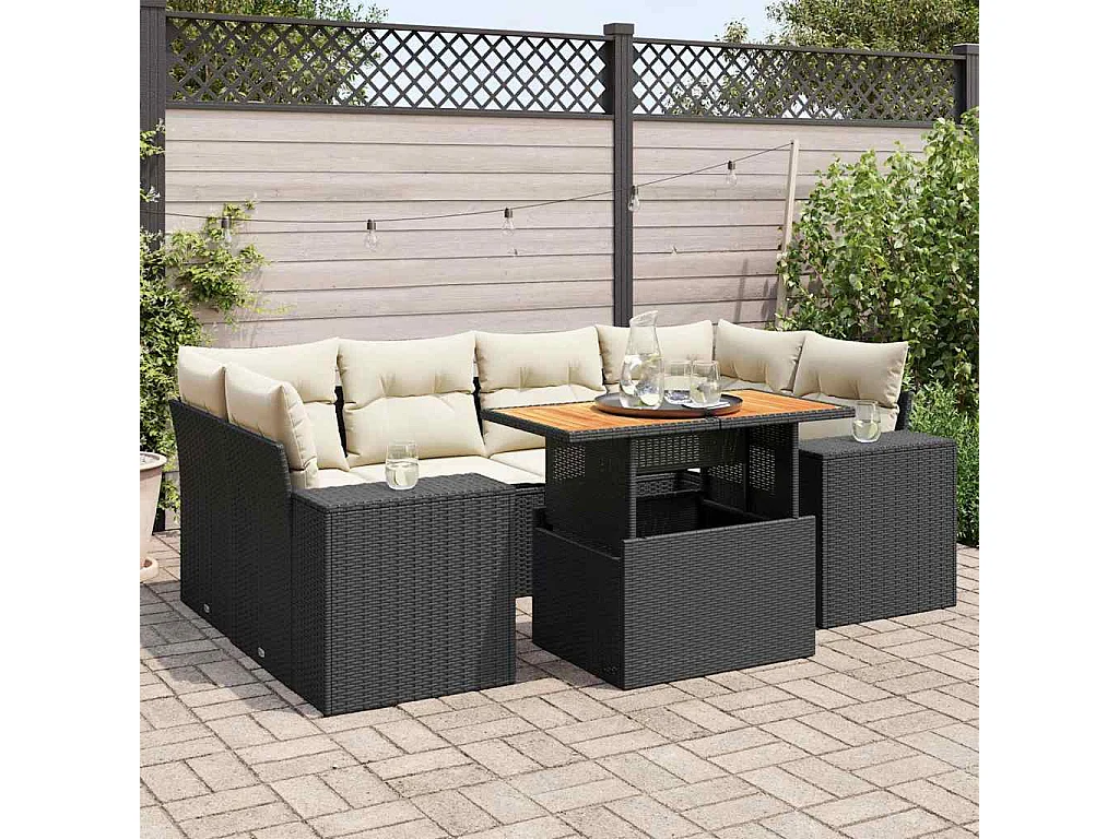 7 peças conjunto de sofás para jardim com almofadões vime PE preto