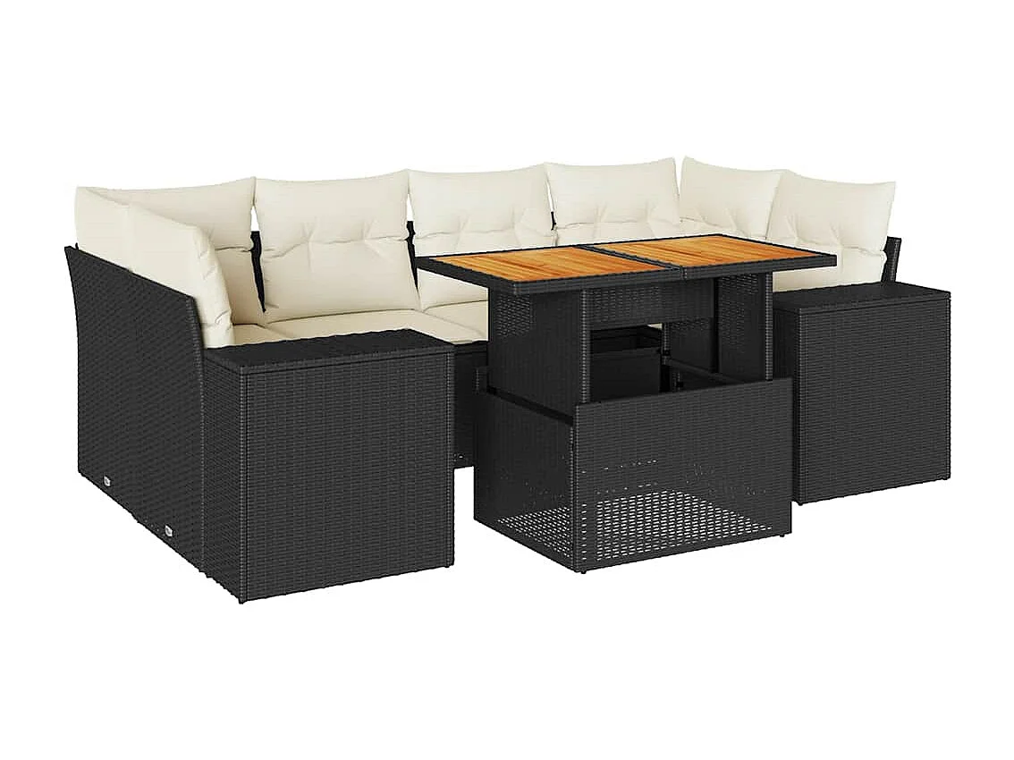 7 peças conjunto de sofás para jardim com almofadões vime PE preto