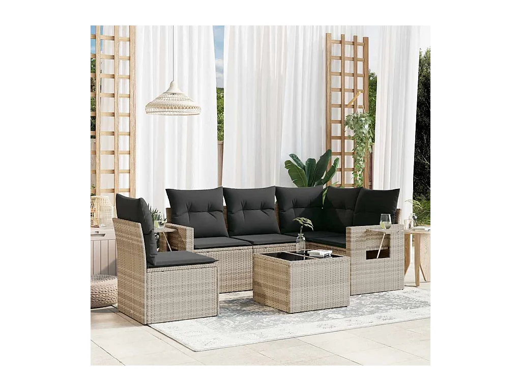 Set de sofás de jardín 6 piezas y cojines ratán sintético gris