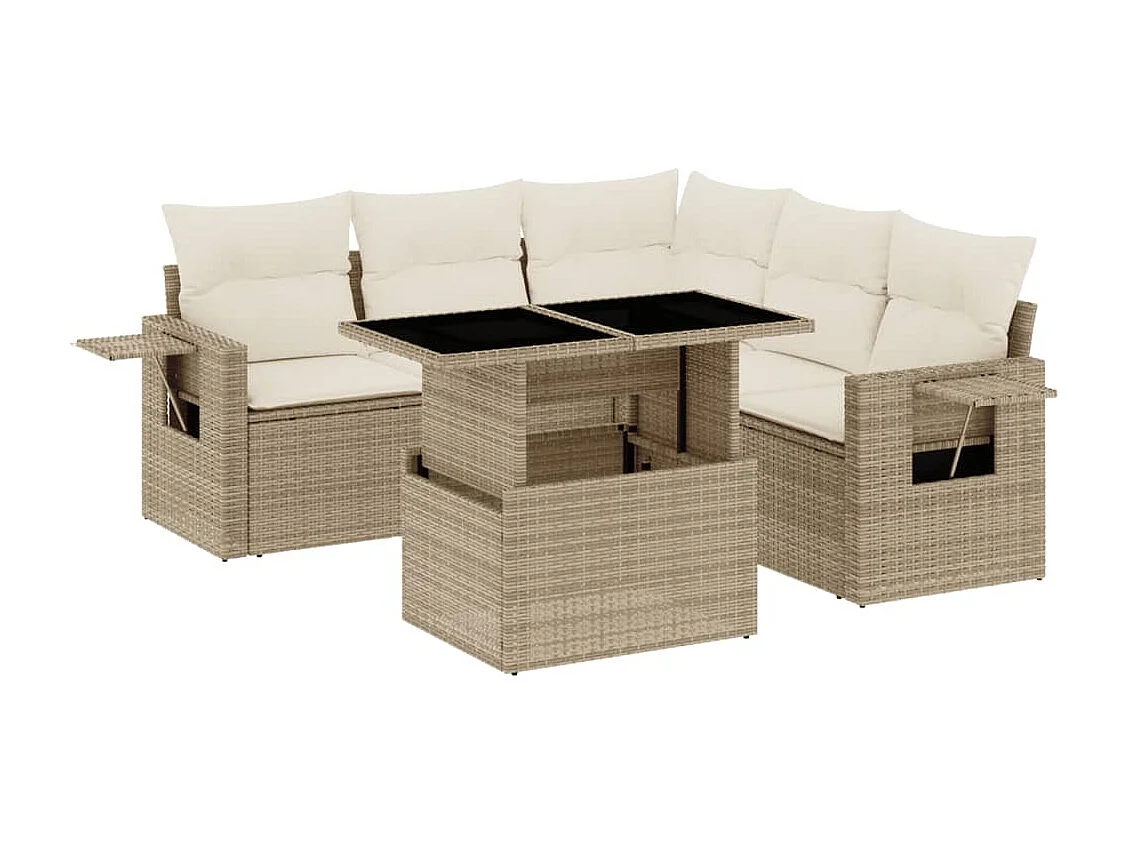 6-delige Loungeset met kussens poly rattan beige