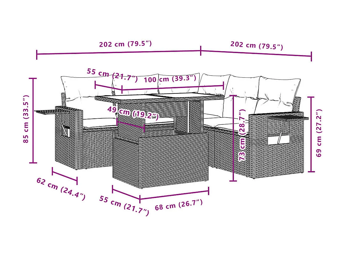 6-delige Loungeset met kussens poly rattan beige
