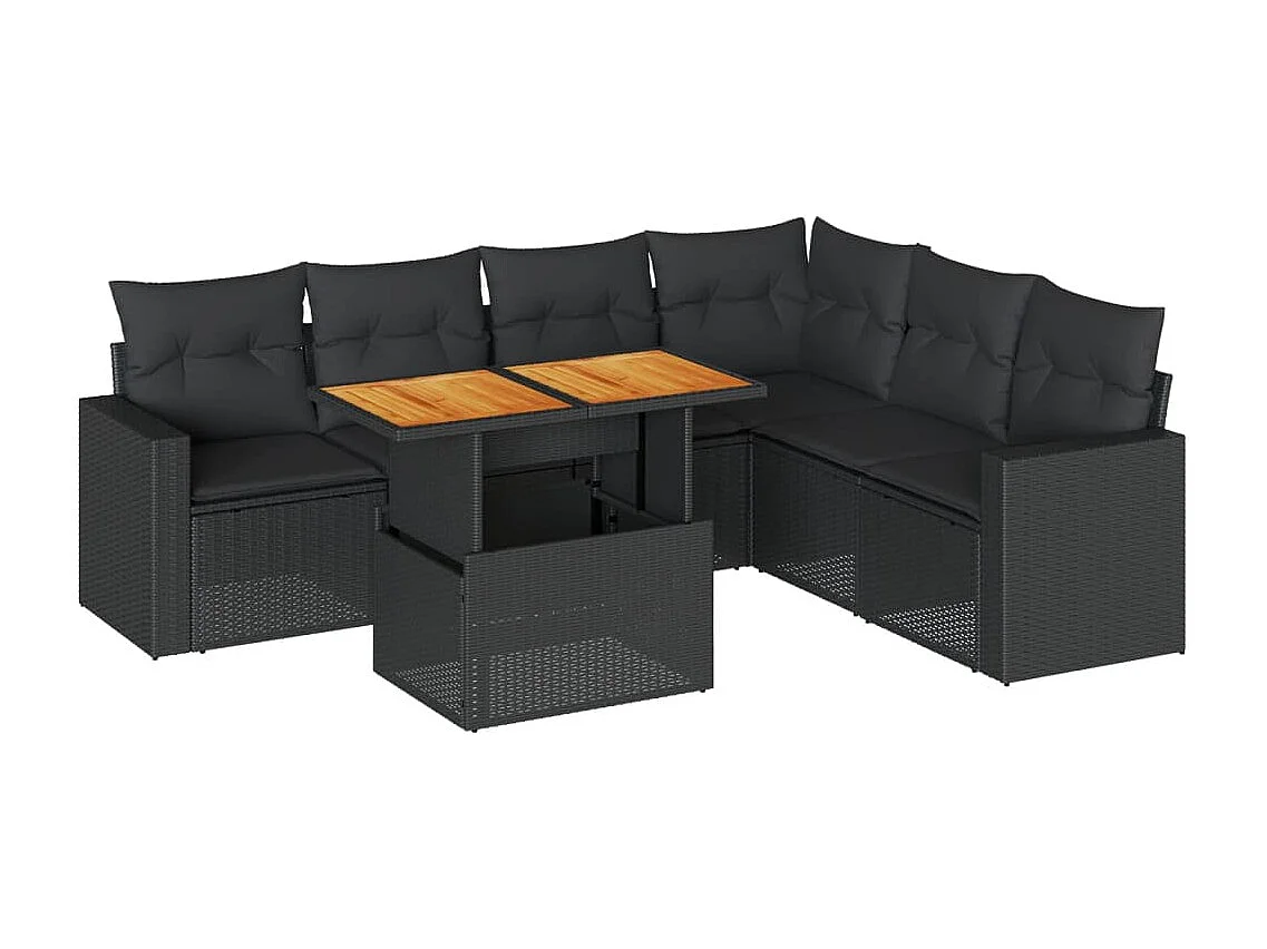 7-delige Loungeset met kussens poly rattan zwart