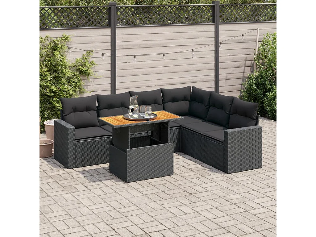 Salon de jardin 7 pièces avec coussins noir résine tressée