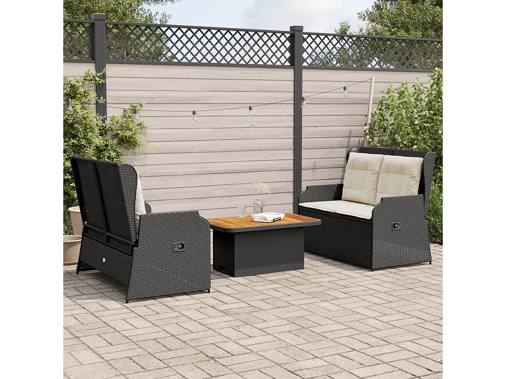 Set de muebles de jardín 3 piezas y cojines ratán sintético negro