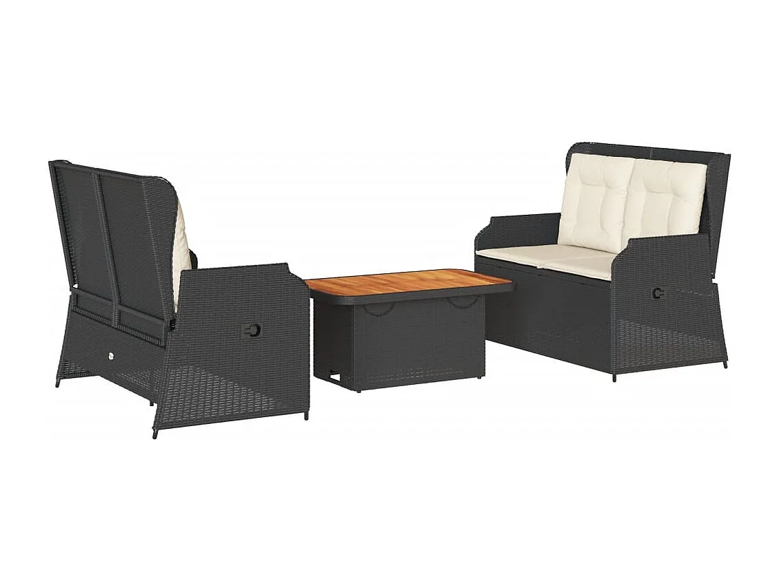 Set de muebles de jardín 3 piezas y cojines ratán sintético negro