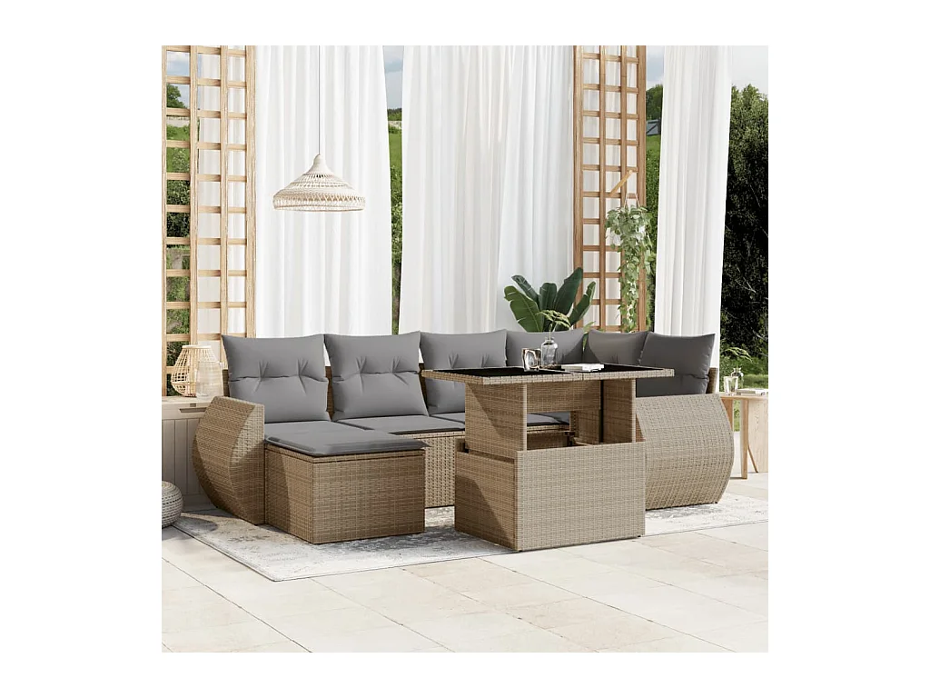 Salon de jardin avec coussins 7 pièces beige résine tressée