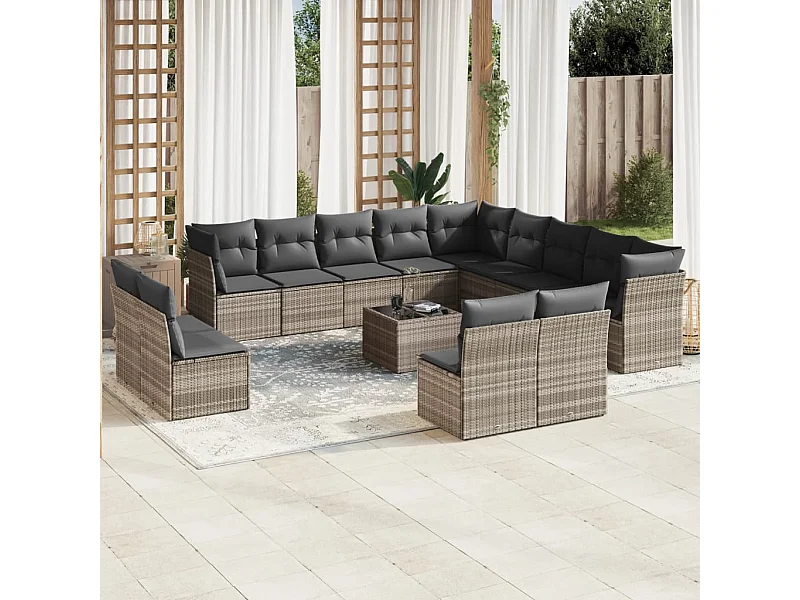 Salon de jardin avec coussins 14 pièces gris clair résine tressée