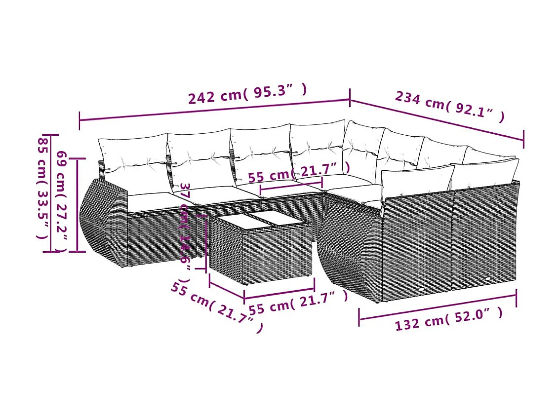 9-delige Loungeset met kussens poly rattan bruin