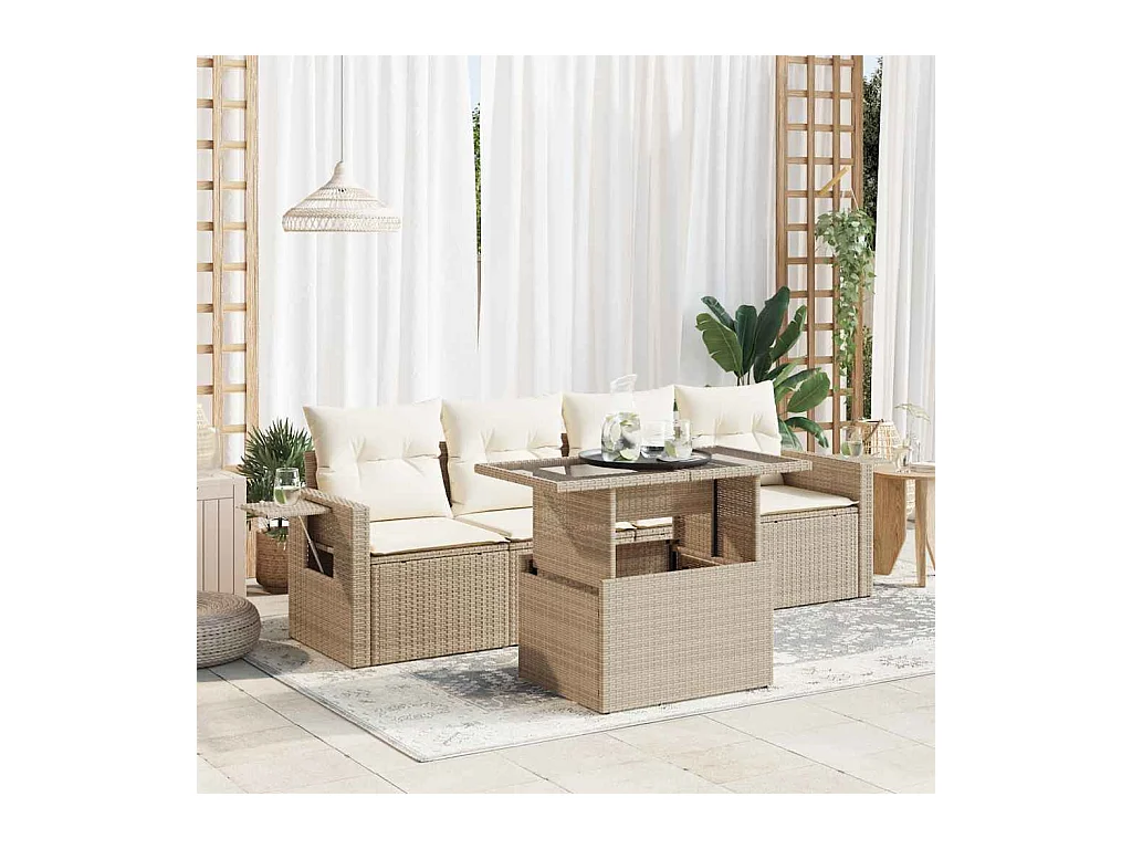 5-delige Loungeset met kussens poly rattan beige