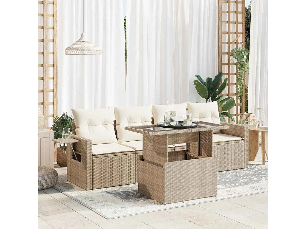Salon de jardin avec coussins 5 pièces beige résine tressée