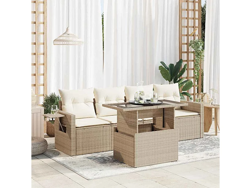 5 peças conjunto de sofás para jardim com almofadões vime PE bege