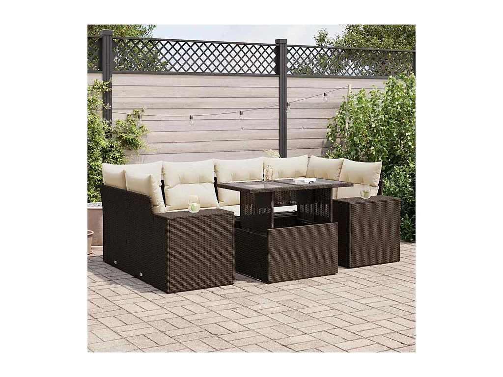 Salon de jardin avec coussins 7 pièces marron résine tressée