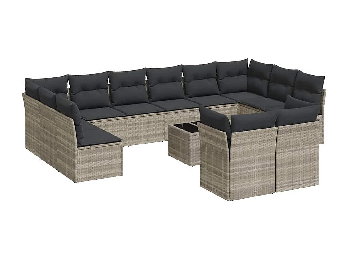 13 peças conj. sofás jardim com almofadões vime PE cinzento-claro