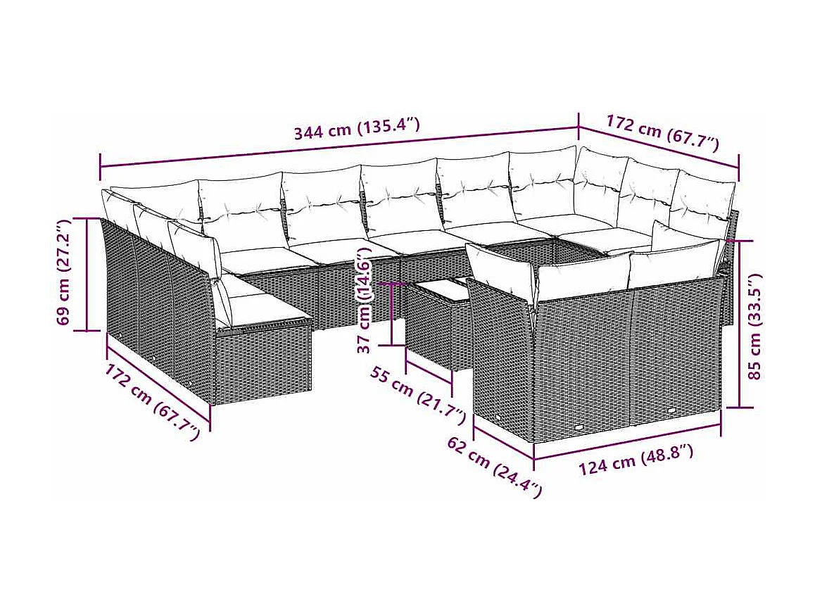 Salon de jardin avec coussins 13 pièces gris clair résine tressée