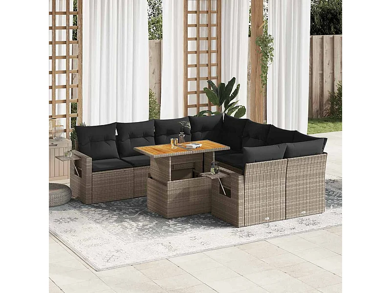9-delige Loungeset met kussens poly rattan grijs