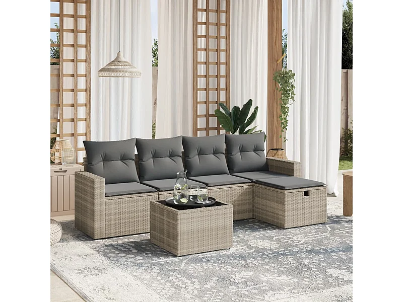 6-delige Loungeset met kussens poly rattan lichtgrijs