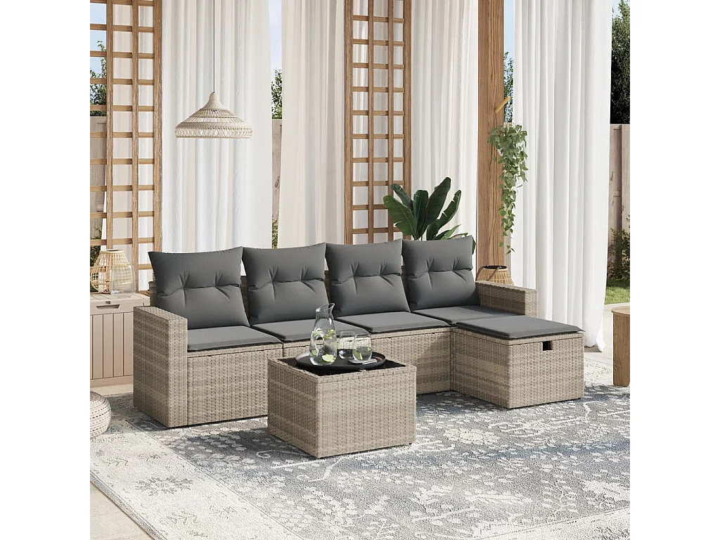 Salon de jardin 6 pièces avec coussins gris clair résine tressée