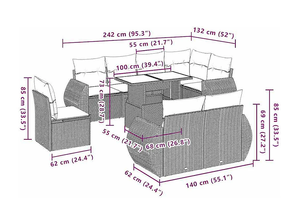 Set muebles jardín 9 piezas y cojines ratán sintético gris claro