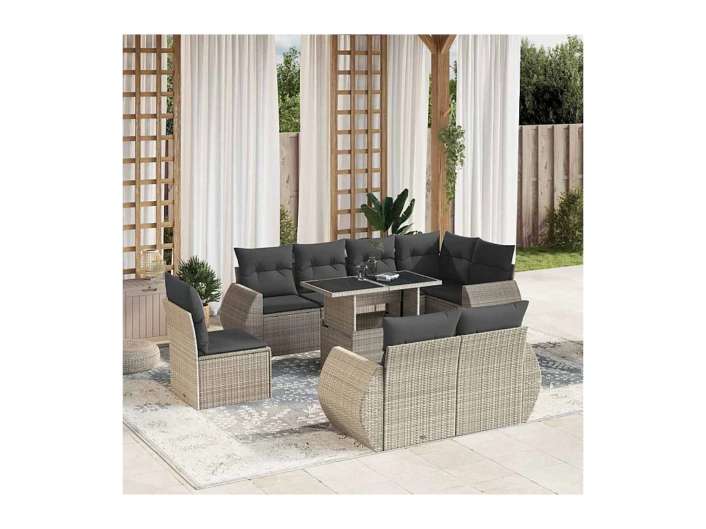 Salon de jardin 9 pièces avec coussins gris clair résine tressée