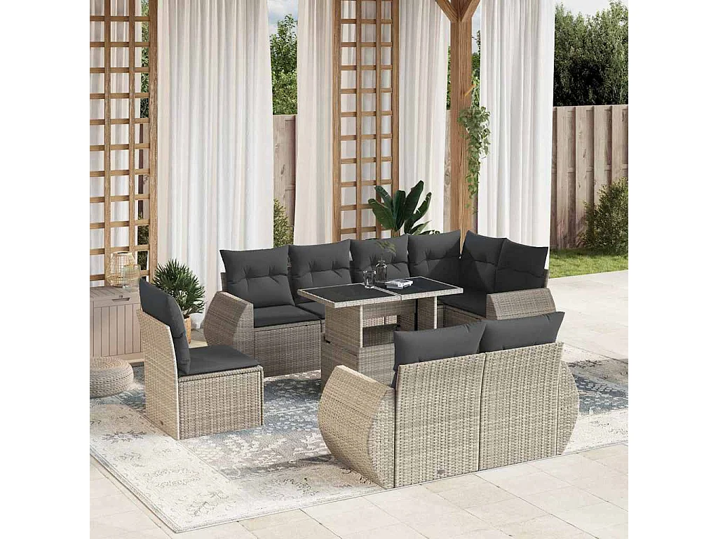 Salon de jardin 9 pièces avec coussins gris clair résine tressée