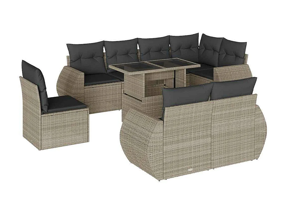 Salon de jardin 9 pièces avec coussins gris clair résine tressée