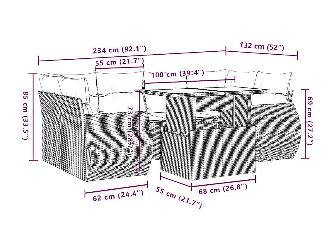 7-delige Loungeset met kussens poly rattan beige