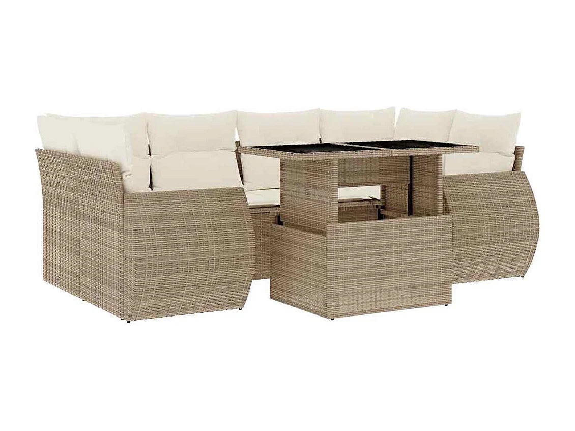 Set sofás de jardín 7 piezas y cojines ratán sintético beige