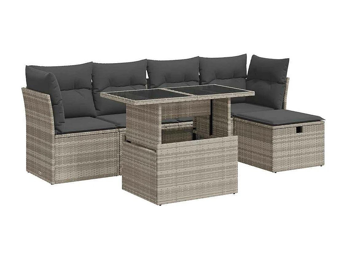 Salon de jardin 6 pièces avec coussins gris clair résine tressée