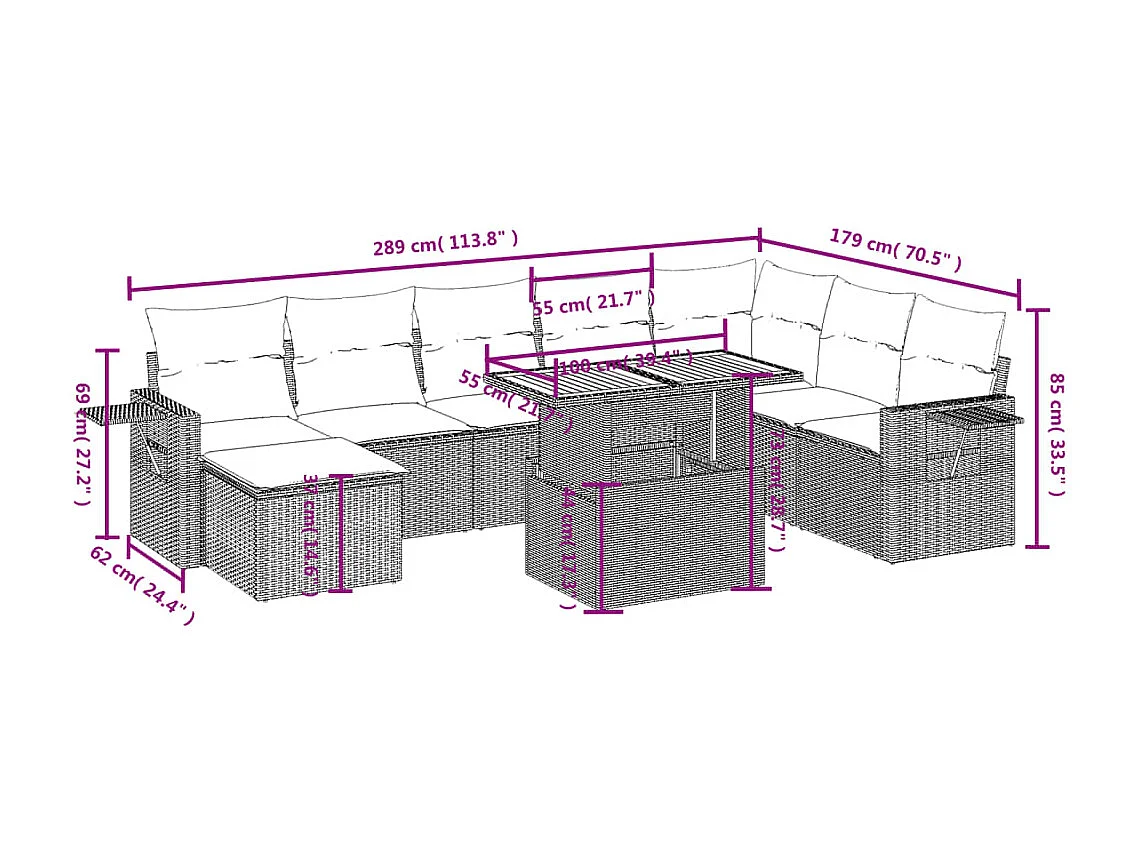 Salon de jardin avec coussins 9 pièces beige résine tressée
