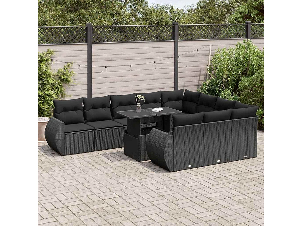 11-delige Loungeset met kussens poly rattan zwart