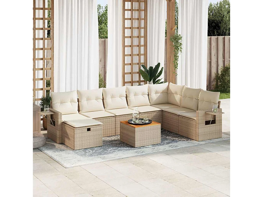 Salon de jardin avec coussins 9 pièces beige résine tressée