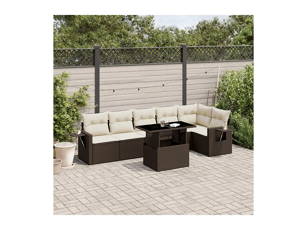 Salon de jardin avec coussins 7 pièces marron résine tressée