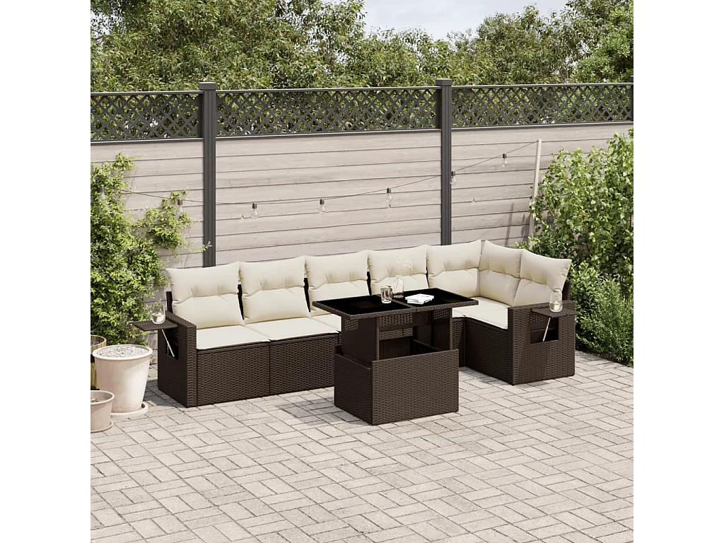 7 peças conjunto de sofás jardim com almofadões vime PE castanho