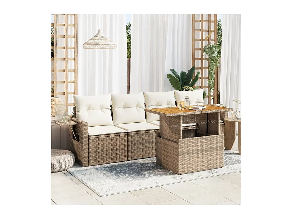 Salon de jardin avec coussins 5 pièces beige résine tressée