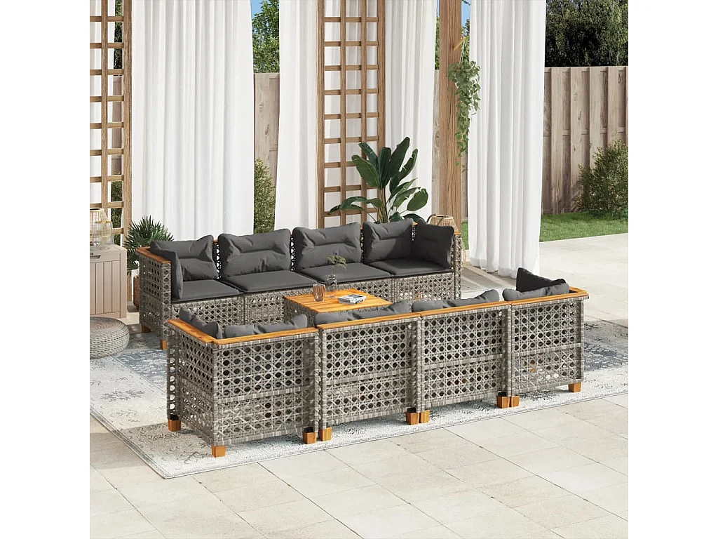 Set de muebles de jardín 9 piezas y cojines ratán sintético gris