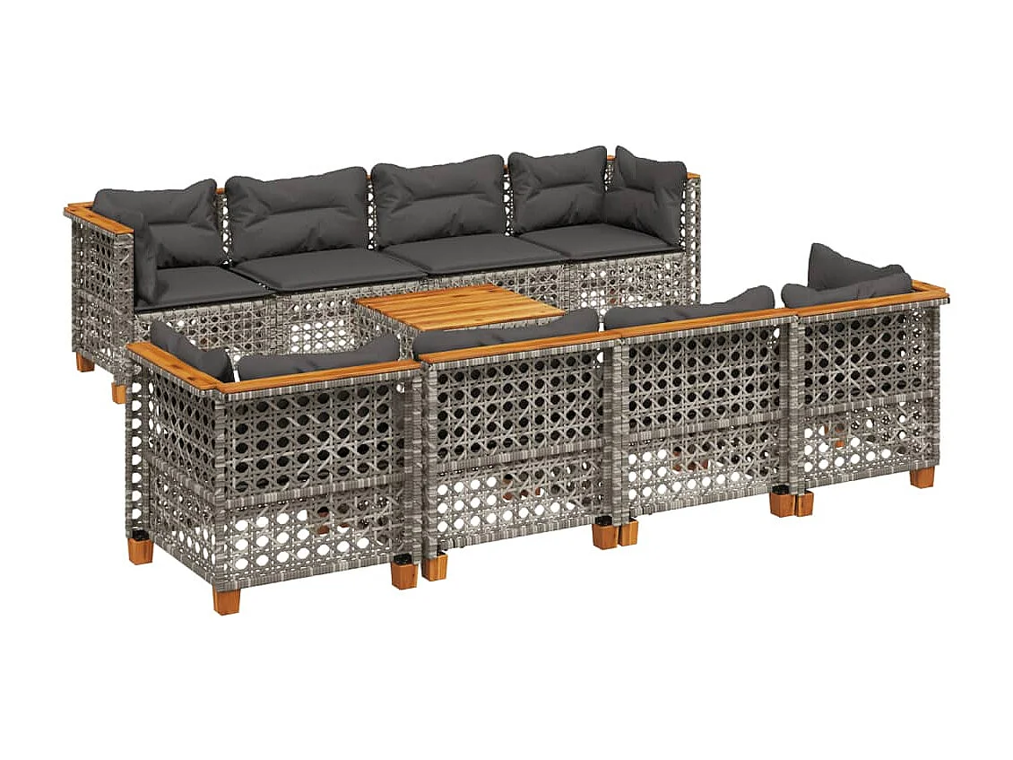 Set de muebles de jardín 9 piezas y cojines ratán sintético gris