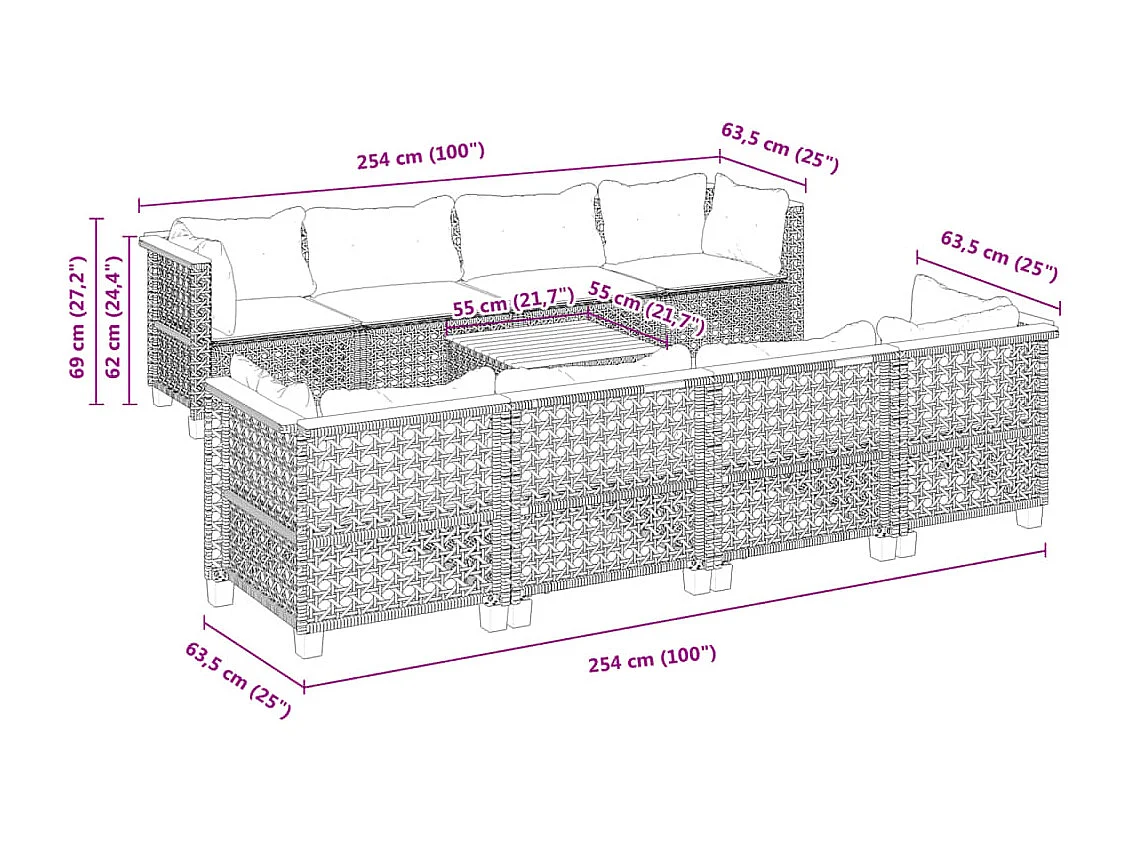 Set de muebles de jardín 9 piezas y cojines ratán sintético gris
